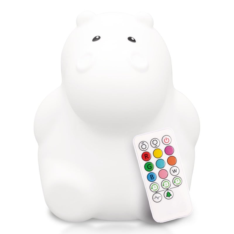 LumiPets Honey the Hippo Silicone Night Light for Kids | Squishy Lamp with Tap & Remote Control | Rechargeable, 9 Color Changing Animal Night Light for Boys & Girls | Portable Nightlight With USB Cord - Image 1